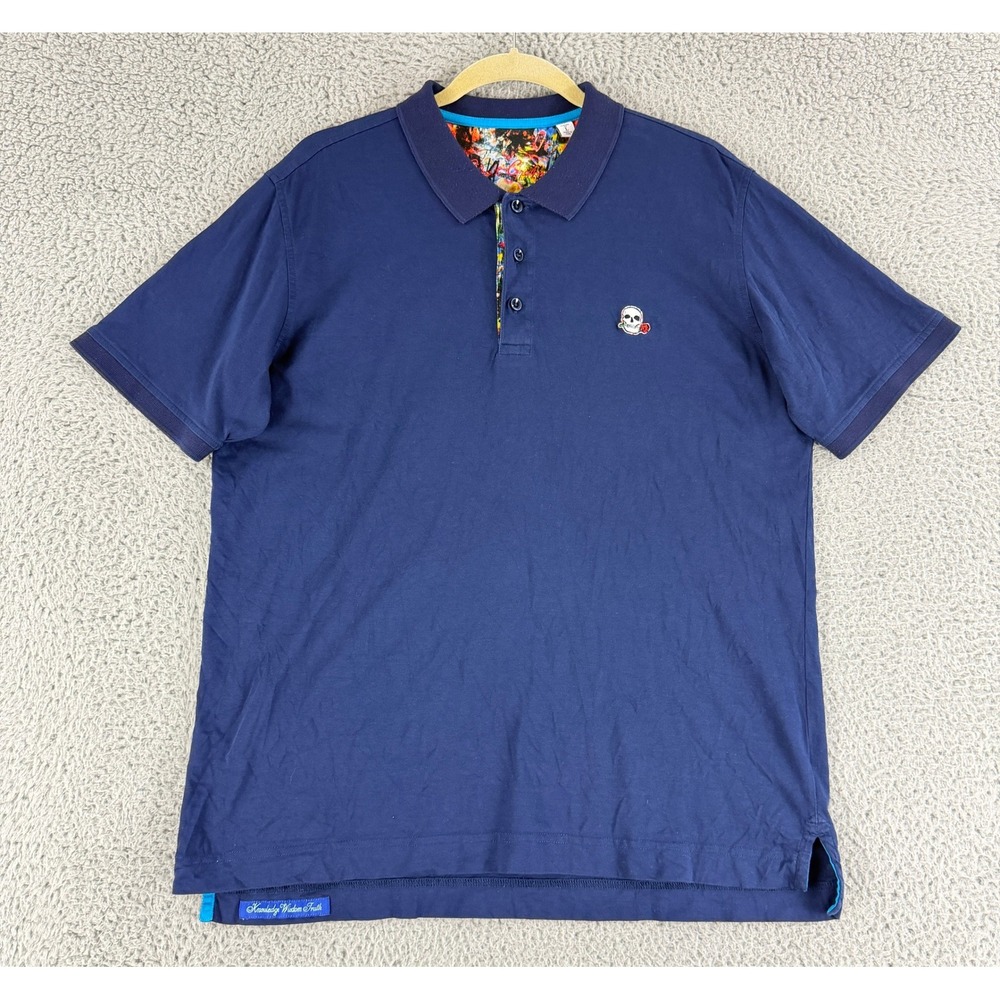 Robert Graham Polo Shirt Mens Large Navy Blue Skull‎ Rose Embroidered Cotton